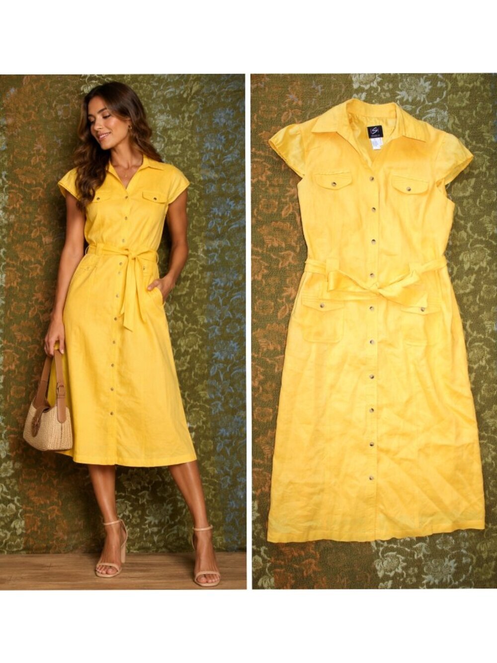 ESY Studio 100% Linen Yellow Midi Dress Belted Size Small Pockets buttons front